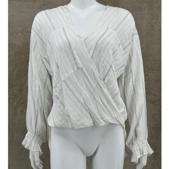 AllSaints Top Womens Small White Penny Stripe Surplice V-Neck Hi Lo Summer Sheer - Picture 1 of 12